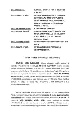 Querella por homicidio en el caso de Abel Acuña, presentada por la familia de Abel, al 8vo Juez de Garantía de Santiago, el 30 de diciembre de 2019