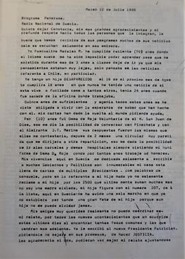 Carta de Pascualina Morales a Radio Nacional de Suecia