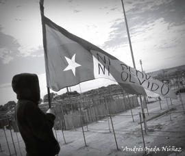 Persona sosteniendo bandera de Chile con escrito "NI PERDON NI OLVIDO"