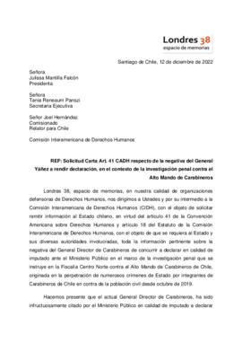Carta Art. 41 CADH respecto de la negativa del General Yáñez a rendir declaración, en el contexto de la investigación penal contra el Alto Mando de Carabineros