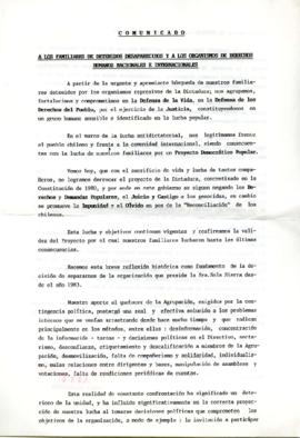 Comunicado a los familiares de detenidos desaparecidos y a los organismos de derechos humanos nacionales e internacionales