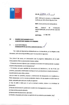 Derivación de solicitud de sumarios, procesos y destituciones de funcionarios de Carabineros y FFAA desde el 18 de octubre de 2019 (OF. N° LT1150)