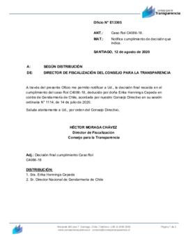 Notificación del Consejo para la Transparencia de la decisión al Amparo interpuesto por Londres 38, espacio de memorias a la respuesta parcial de Gendarmería (N° E13305)