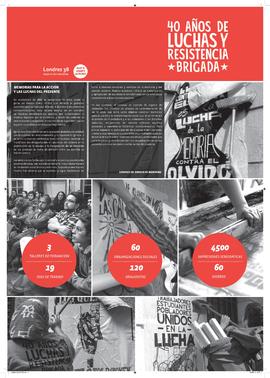 Primera página del folleto desplegable en apoyo a la exposición itinerante "Brigada 40 años de luchas y resistencia"