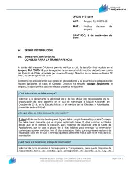 Notificación del Consejo para la Transparencia de la decisión que acoge el Amparo interpuesto por Londres 38, espacio de memorias a la respuesta parcial del Ejército (Oficio N° E12844)