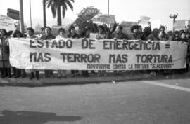 Integrantes del MCTSA protestando con lienzo "ESTADO DE EMERGENCIA = MAS TERROR MAS TORTURA"