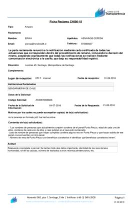 Ficha de reclamo interpuesta por Londres 38, espacio de memorias ante el Consejo para la Transparencia por respuesta parcial de Gendarmería (C4086-18)