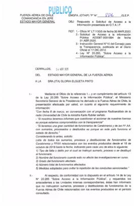 Respuesta de la Fuerza Aérea de Chile a solicitud de Londres 38 por listado de sumarios, procesos y destituciones de funcionarios relacionados con los eventos producidos desde el 18 de octubre (N°886)