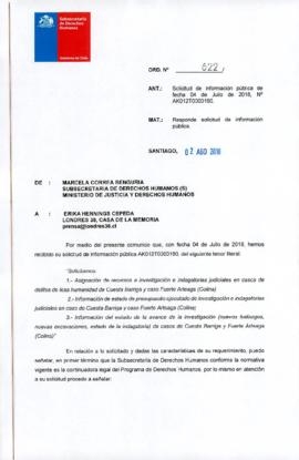 Respuesta de la Subsecretaría de Derechos Humanos a solicitud de Londres 38 por información sobre casos de Cuesta Barriga y Fuerte Arteaga (ORD. N°622)