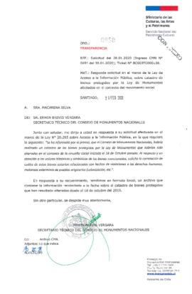 Respuesta del Ministerio de las Culturas, las Artes y el Patrimonio a solicitud de entrega de catastro de los bienes protegidos por la Ley de Monumentos Nacionales que habrían sido alterados en el contexto de la revuelta social (Ord. N° 0858)