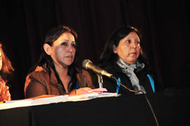Mujer presentando en panel del libro ¿Dónde están? ¿Dónde está? El caso de José Huenante
