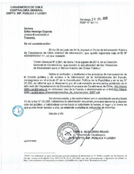 Respuesta de Carabineros que acoge la solicitud de Londres 38 para acceder a la actualización de los Protocolos de Intervención para el Mantenimiento del Orden Público (RSIP N° 42117)